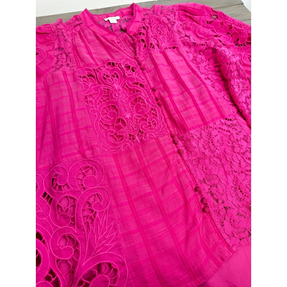 Sundance Garbo Pink Lace Patchwork Blouse Fuchsia Eyelet Button Front Top Large - Picture 5 of 8